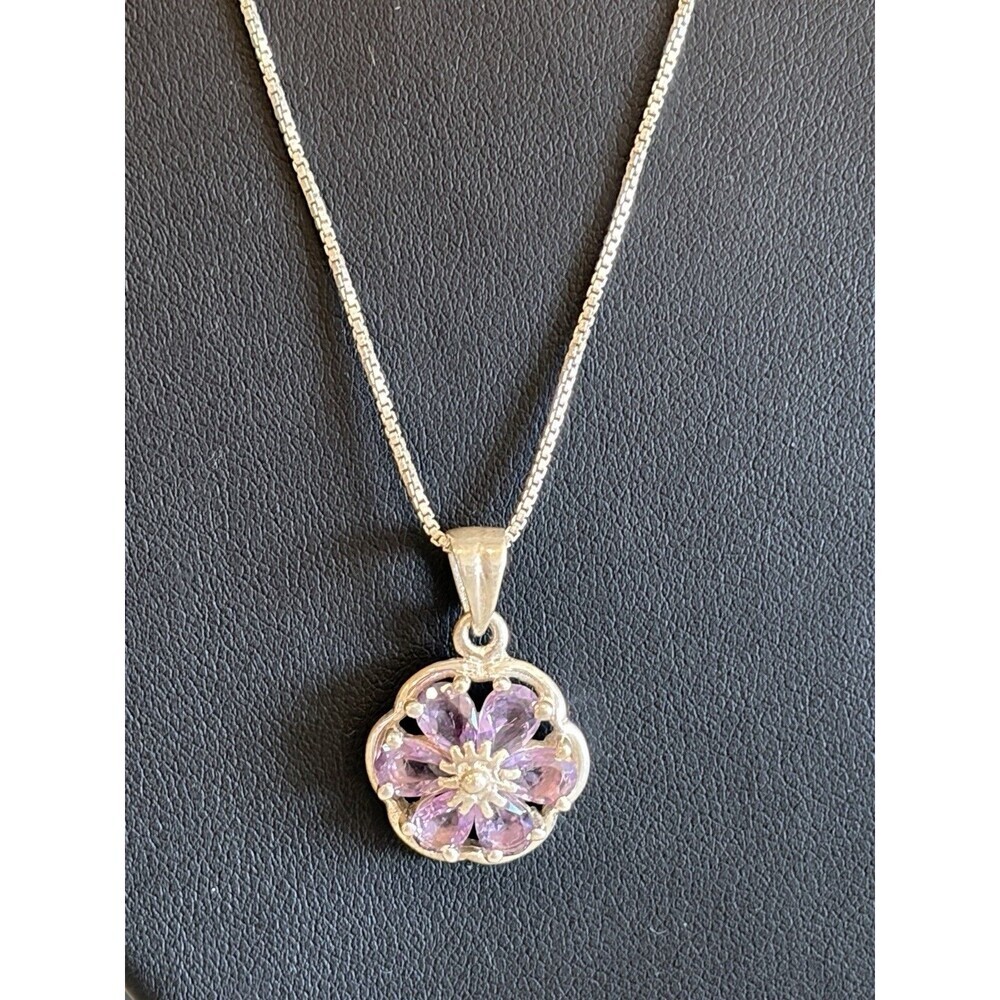 925 STERLING SILVER 1.80 CARAT PURPLE AMETHYST FLOWER PENDANT NECKLACE - Picture 4 of 7